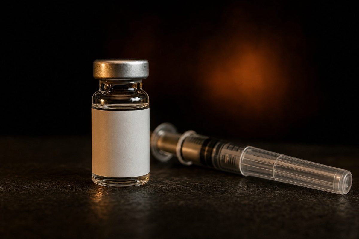 Clinical still life of a medication vial and sterile syringe representing hormone therapy at Alpha Care